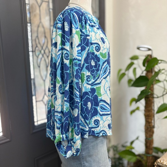 Nicole Miller Blue Green Floral Paisley Print Bishop Sleeve Button Front Top - Picture 4 of 10